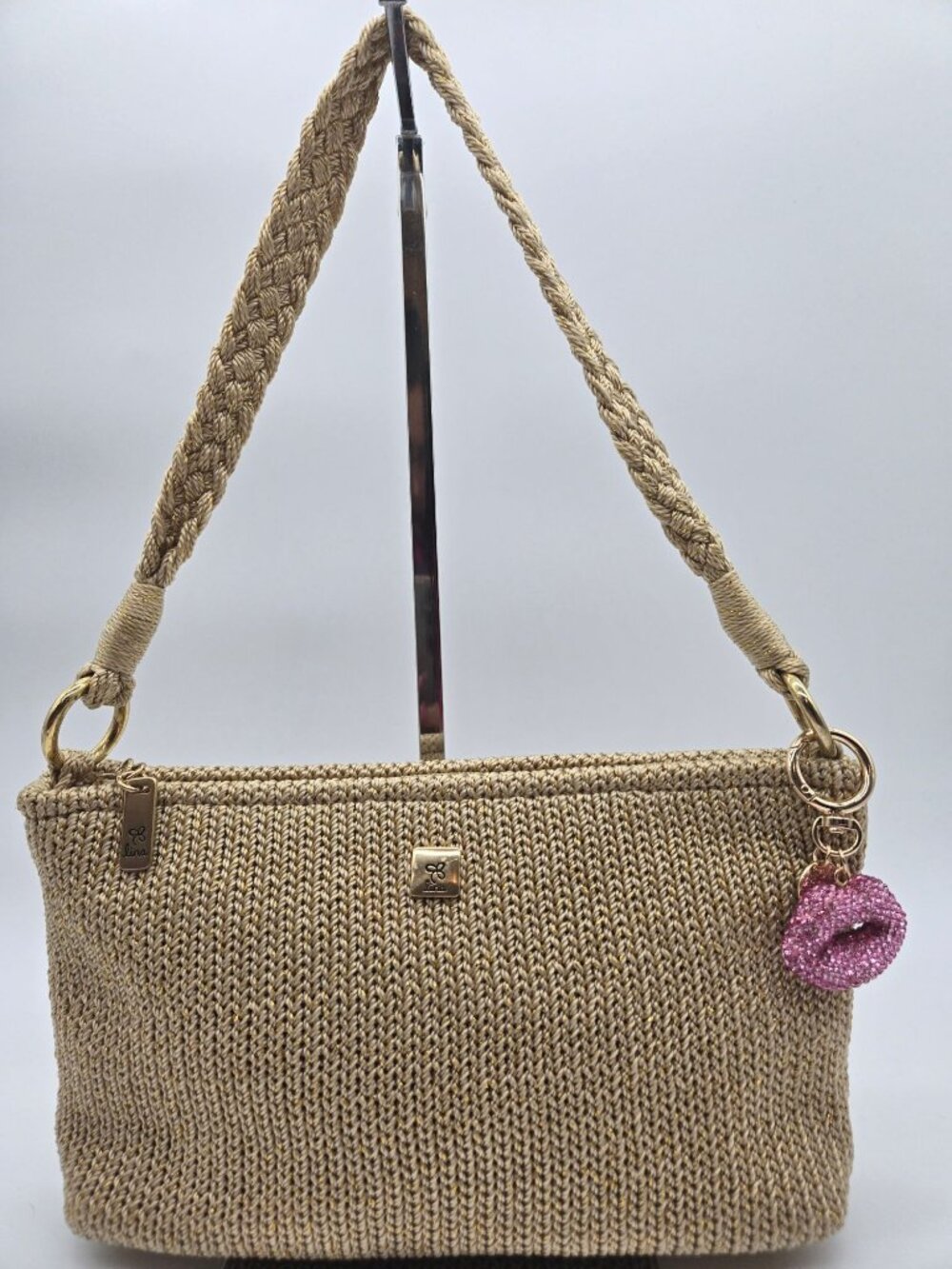 Lina Gold Tan Crochet Shoulder Bag Pink Lip Charm EUC